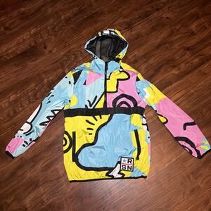REASON Abstract Geometric Windbreaker Colorful Hooded Jacket, Size Small